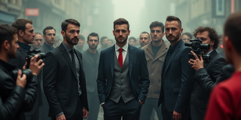 a group of men standing next to each other in front of a crowd of people with cameras around them, D