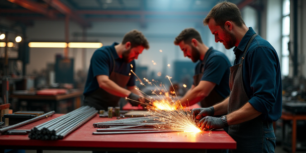 a group of men working in a factory with metal rods on a table and a red table top with a red table,