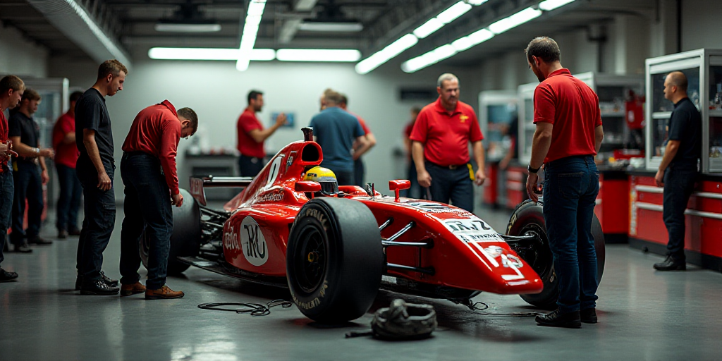 a group of men working on a race car in a garage area with other men around the car and a man in a r