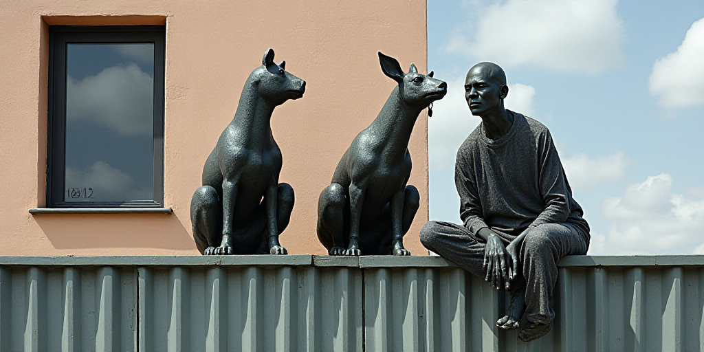 a group of metal sculptures sitting on top of a metal wall next to a building with a window on it<er
