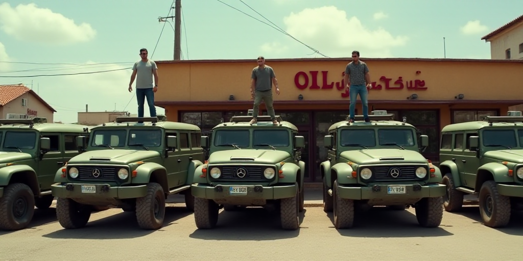 a group of military vehicles parked in front of a store with a man standing on top of one of the veh