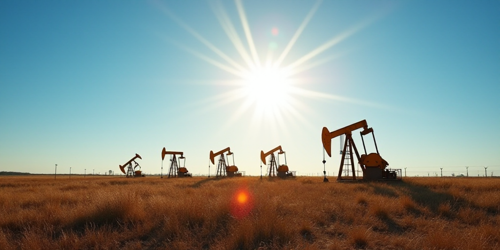 a group of oil pumps sitting on top of a field next to a blue sky with the sun shining, Andries Stoc