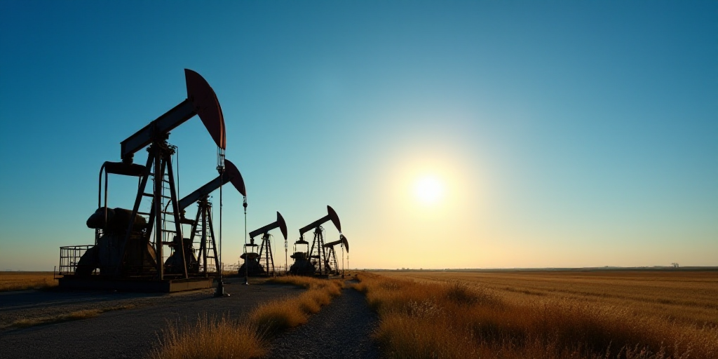 a group of oil pumps sitting on top of a field next to a blue sky with the sun shining, Andries Stoc