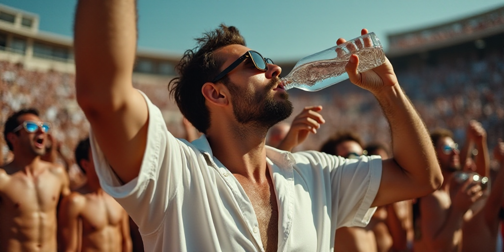 a group of people are cheering and drinking water in a stadium with a man in a white shirt and sungl