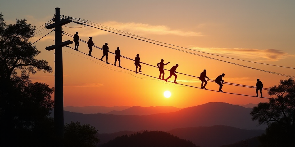 a group of people climbing up a high wire in the sky above a forest at sunset or dawn with the sun s