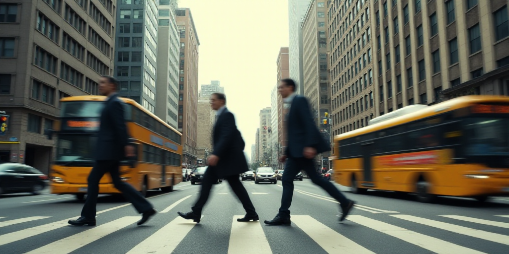 a group of people crossing a street in a crosswalk in a city with cars and buses on it, Eduardo Lefe