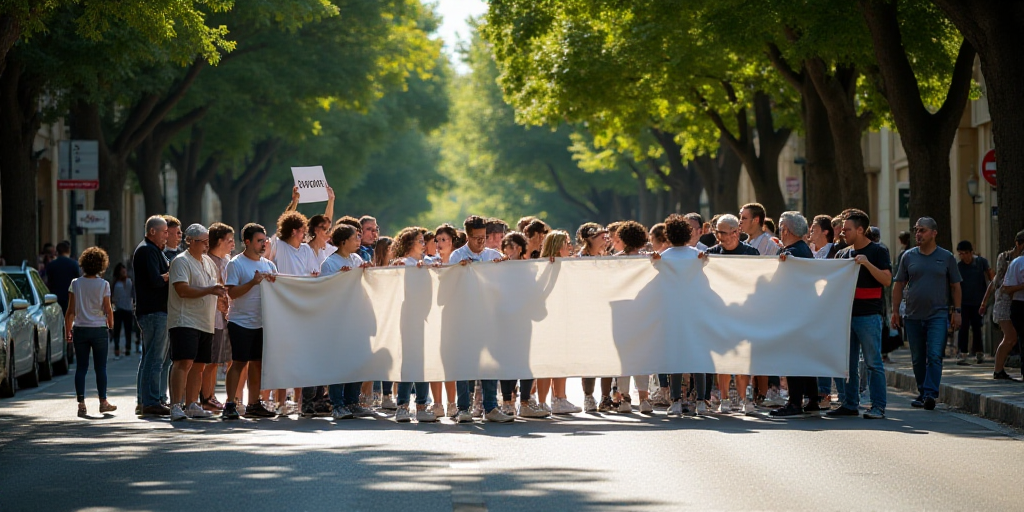 a group of people holding a banner on a street corner with trees in the background and a person hold