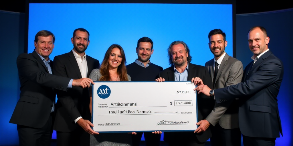a group of people holding a check for $ 2, 000 in front of a screen with a blue background, Artur Ta