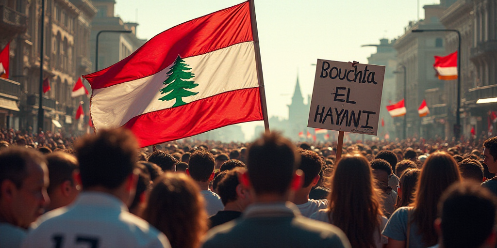 a group of people holding a flag in a crowd of people on a street with a man holding a sign, Bouchta