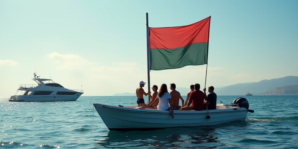 a group of people holding a flag on a boat in the water with a boat in the background and a boat in
