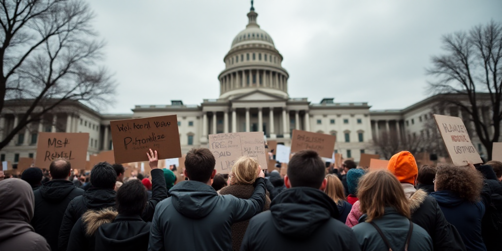 a group of people holding signs and protesting in a protest rally in front of a building with a larg