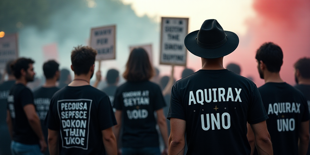 a group of people holding signs and wearing black shirts with white writing on them and a man with a