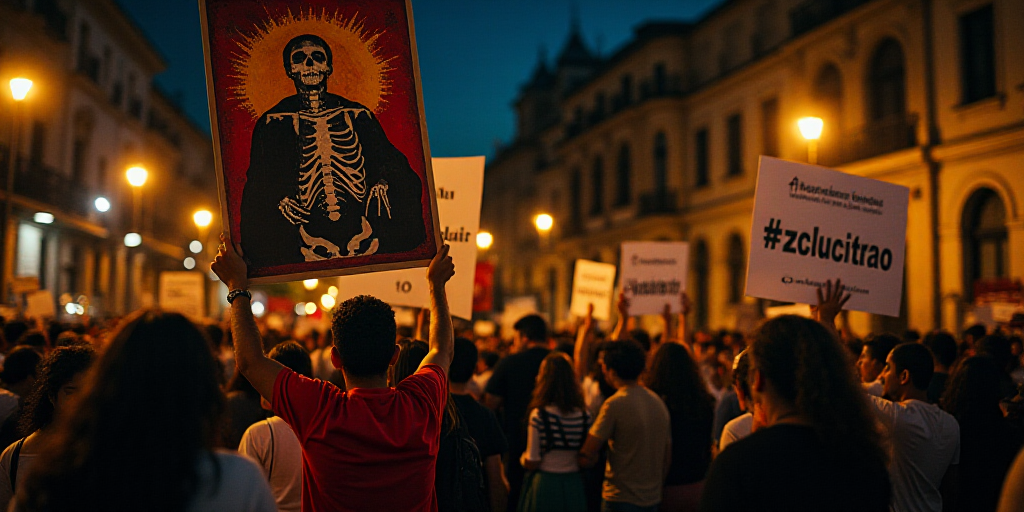 a group of people holding signs in a protest on a street at night with a skeleton on the sign, David