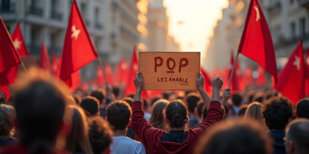 a group of people holding signs and flags in a crowd of people with signs and flags in the backgroun