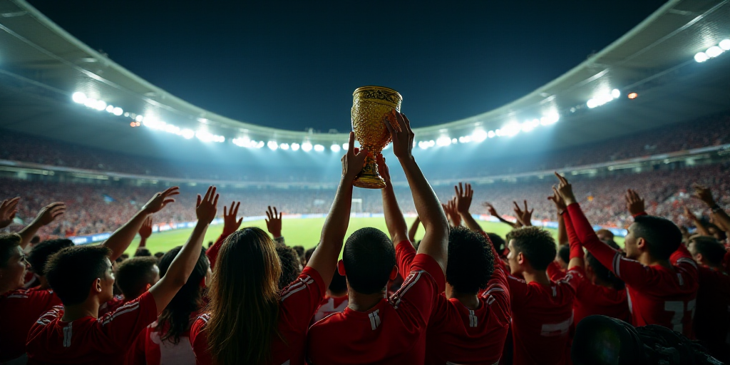 a group of people holding up a trophy in front of a crowd of people at a stadium at night, Ceferí O