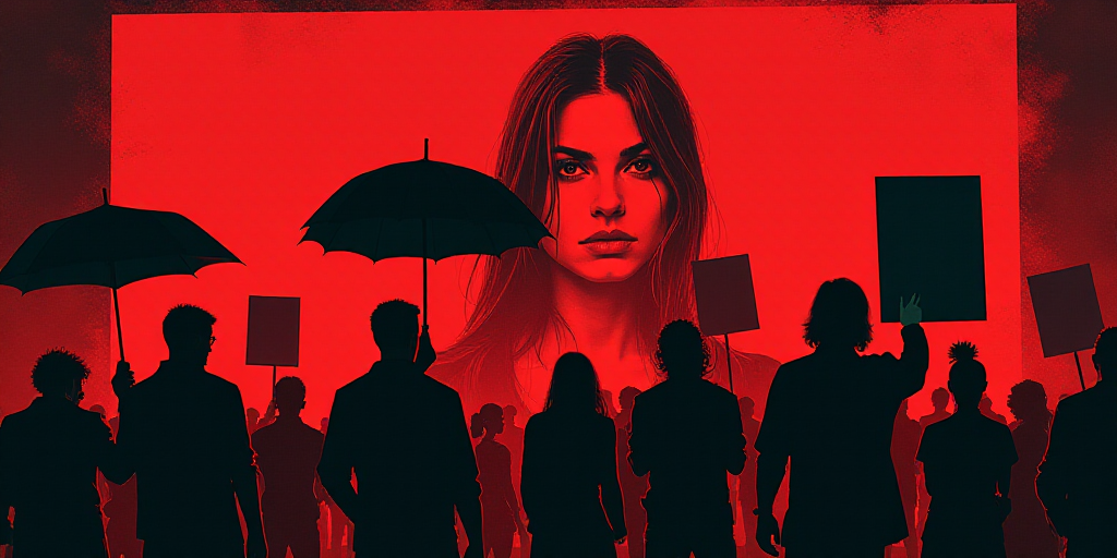 a group of people holding up posters and umbrellas in front of a red 4 - d sign with a woman's face,