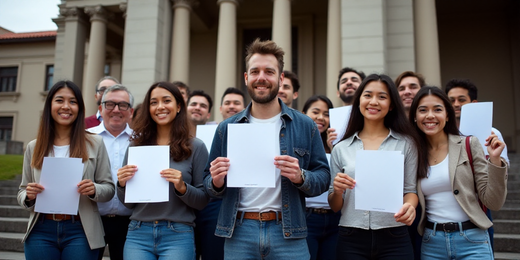 a group of people holding up plaques in front of a building with columns and pillars in the backgrou