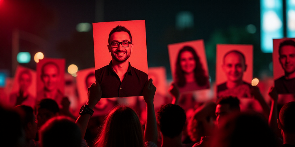 a group of people holding up signs with pictures of them on them at night time with a red light, Edw