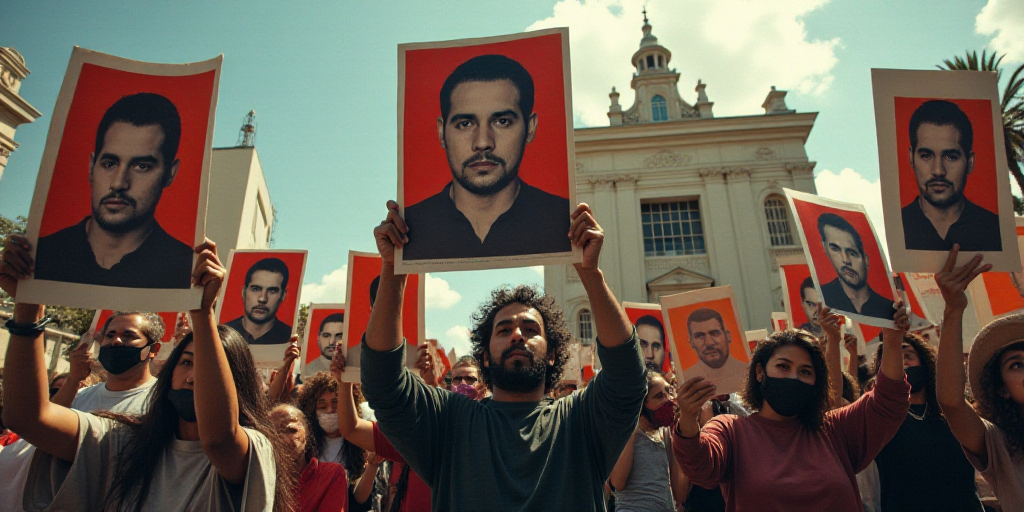 a group of people holding up signs in front of a building with a picture of a man on it, Estuardo Ma