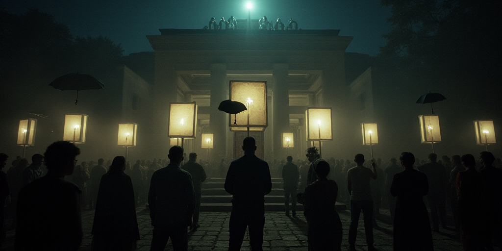 a group of people holding up signs on a stage with umbrellas in front of a building at night, Estuar