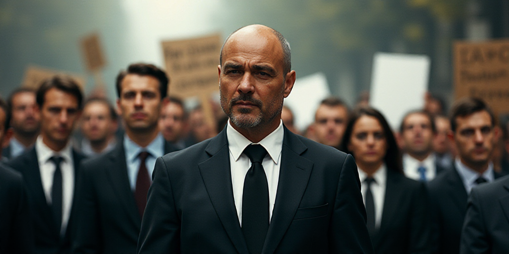 a group of people holding up signs in front of a crowd of people in suits and ties, with a man in a