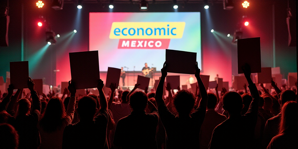 a group of people holding up signs in front of a stage with a sign that says economic mexico on it,