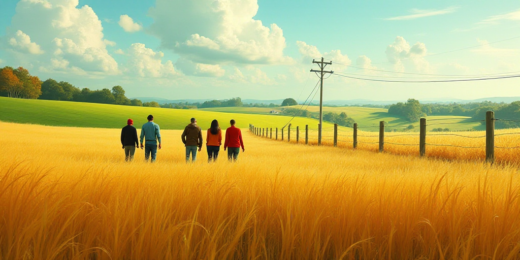 a group of people in a field with a fence and a telephone pole in the background, with a green field