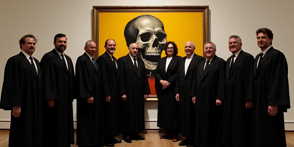 a group of people in black robes and ties posing for a picture in front of a painting of a skull, Da