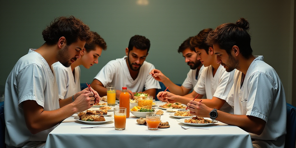 a group of people in scrubs sitting at a table together eating food and drinking juice from a bottle