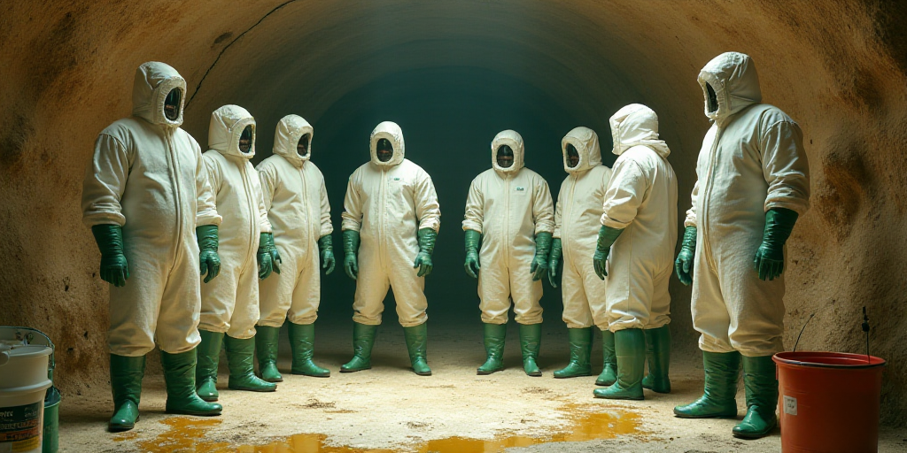 a group of people in white suits and green boots standing in a room with buckets and containers of l
