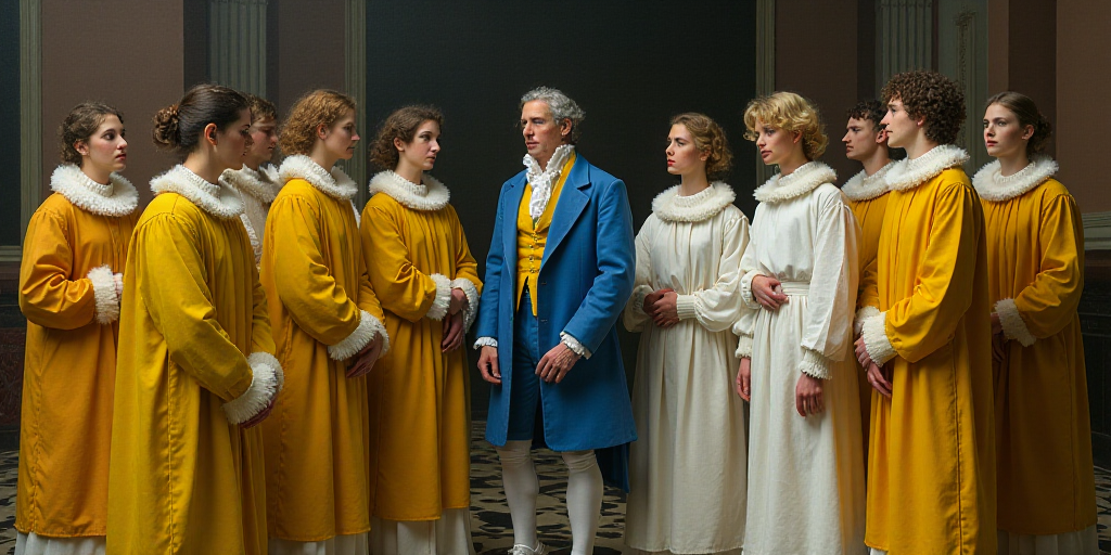a group of people in yellow and white costumes standing around a man in a blue suit and a man in a w