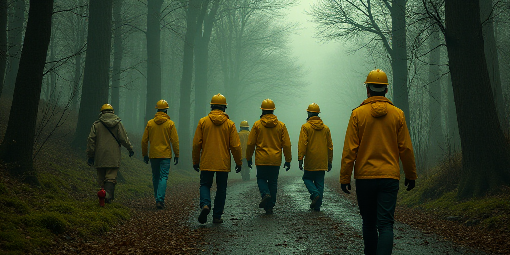a group of people in yellow jackets and hard hats walking through a forest with trees and a fire hyd