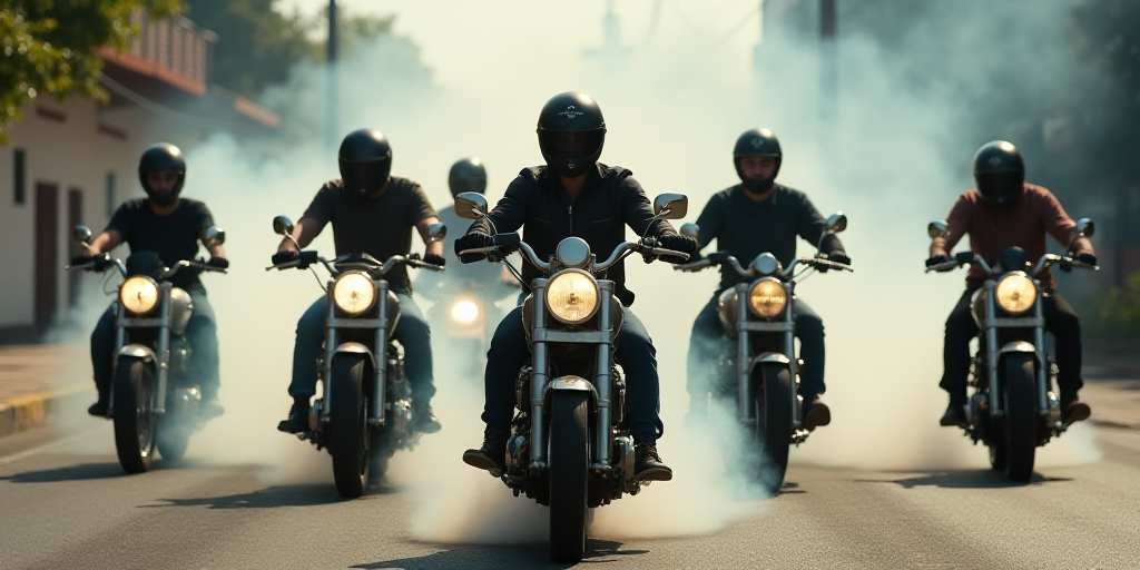 a group of people on motorcycles with smoke coming out of them and a man on a motorcycle in the back