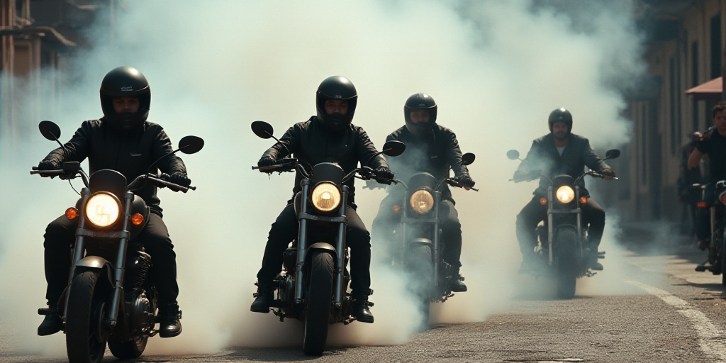 a group of people on motorcycles with smoke coming out of them and a man on a motorcycle in the back