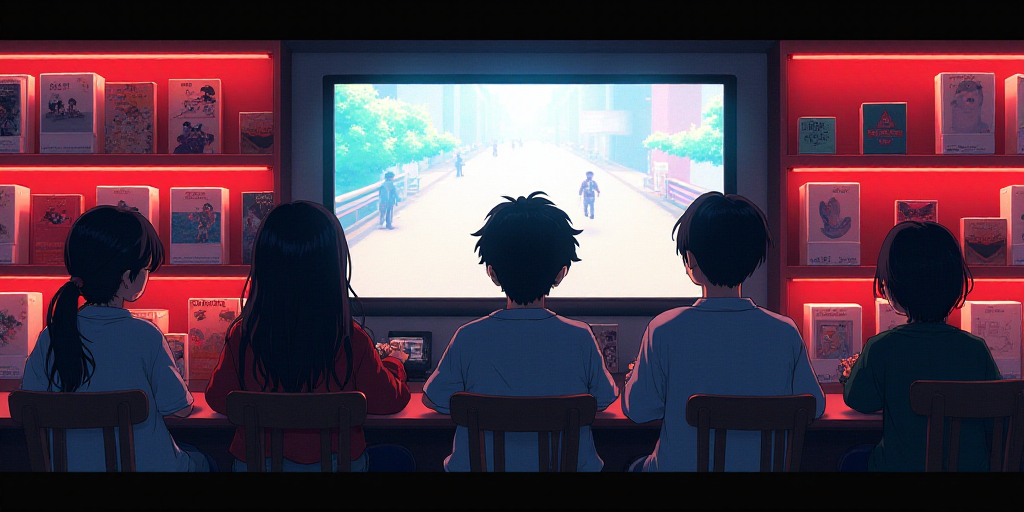 a group of people playing a game on a tv in a store with a red display case and shelves, Baiōken Ei