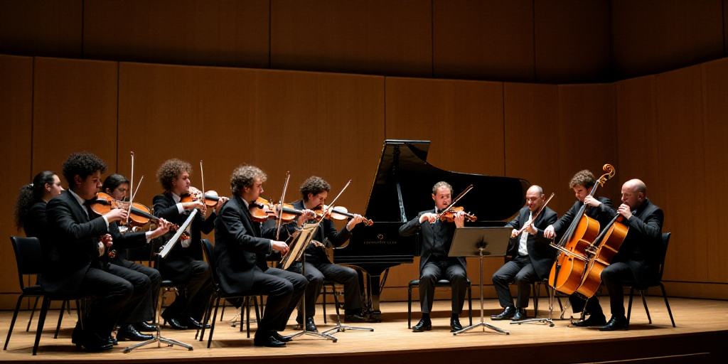 a group of people playing instruments on a stage with a piano and piano player in the background, an