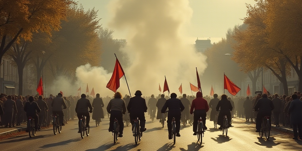 a group of people riding bikes down a street with flags on them and smoke coming out of the back, De