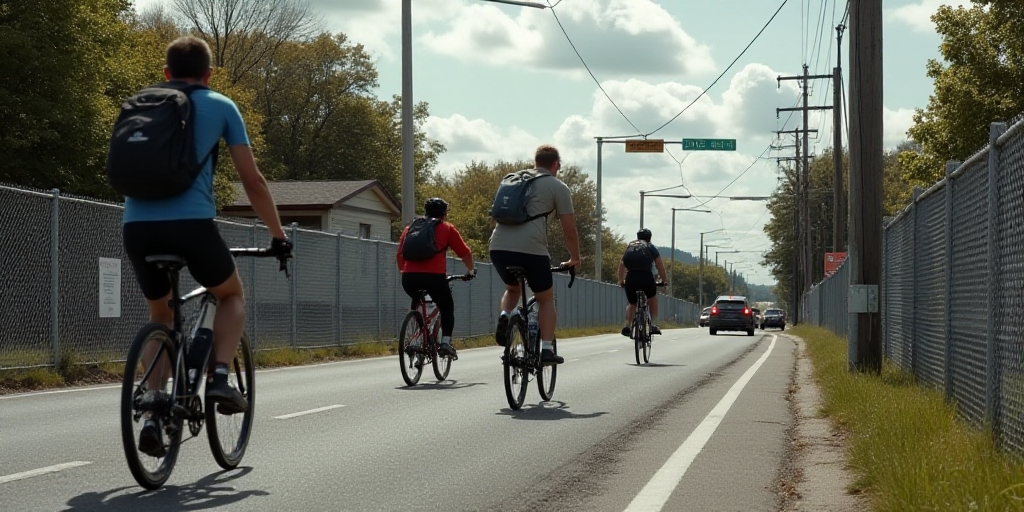 a group of people riding bikes down a street next to a fenced in area with a sign on it, Fabien Char