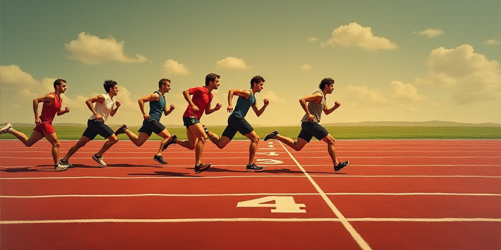 a group of people running on a track with numbers on it and a line of numbers on the ground, Bernd F