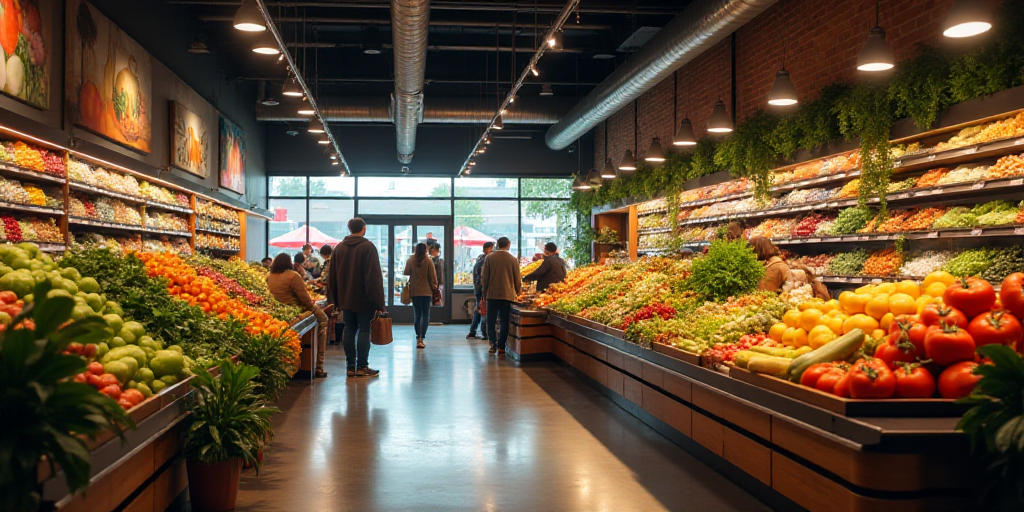 a group of people shopping in a grocery store filled with produce and vegetables and fruits and vege