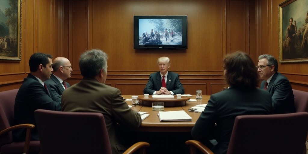 a group of people sitting around a table in a courtroom with a tv on the wall and a painting on the