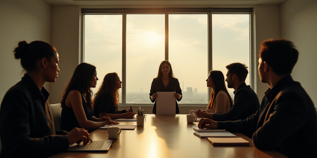 a group of people sitting around a table with a sign in front of them and a person standing up, aman
