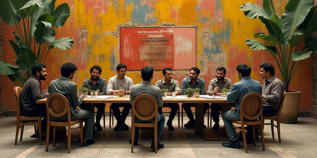 a group of people sitting around a table with plants in front of them and a sign that reads institut