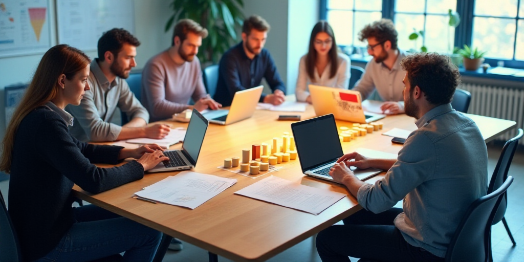 a group of people sitting around a table with laptops and papers on it, with a bar chart showing the