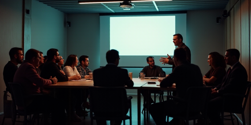 a group of people sitting around a table with a projector screen in the background and a man standin