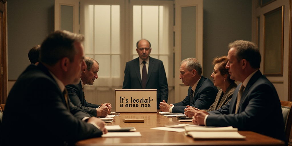 a group of people sitting around a table with a sign in front of them and a person standing up, Deni