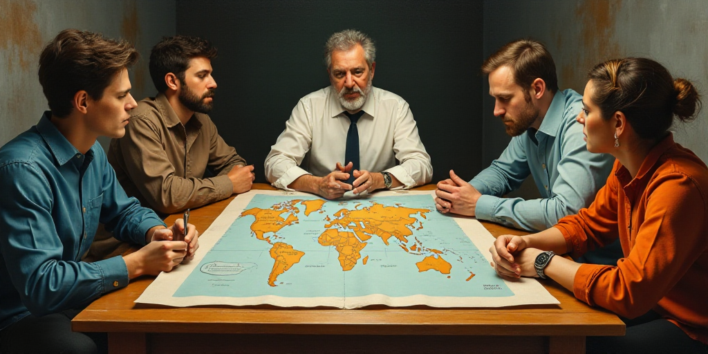 a group of people sitting around a table with a map on it and a man in a white shirt, Araceli Gilber