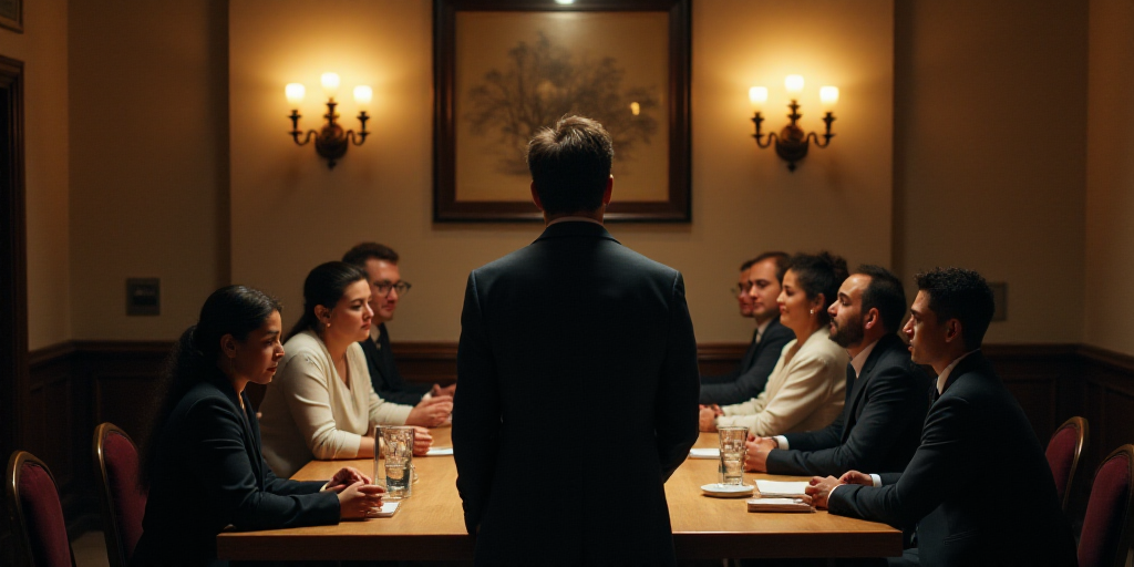 a group of people sitting around a table with a man standing in front of them and a woman standing b