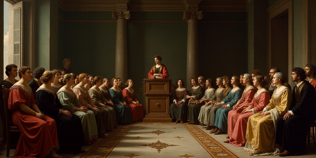 a group of people sitting around each other in a room with a podium in the background and a speaker