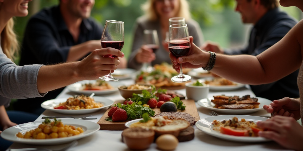 a group of people sitting around a table with food and drinks on it, and a man handing a woman a gla